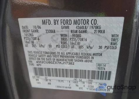 2007 Mercury Mariner Convenience z USA, uszkodzony, nr VIN 4M2CU80ZX7KJ17382